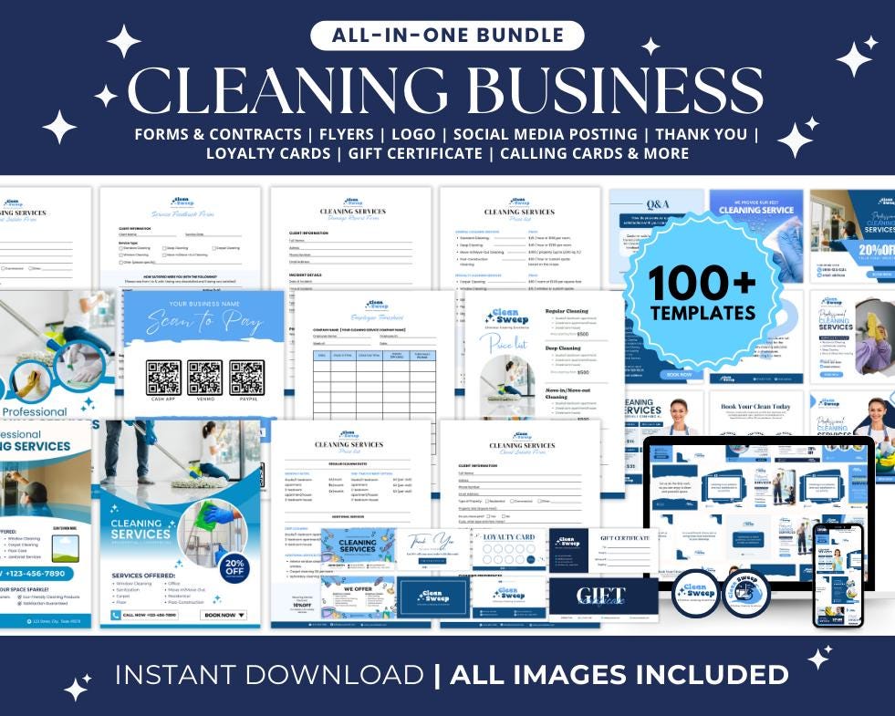 Cleaning Business Bundle Forms Logo Service agreement, House Cleaning Service Flyer, Cleaning Business Canva Editable Template Social Media