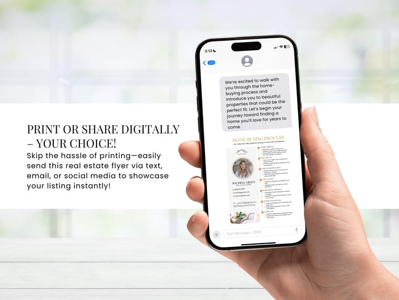 May include: A smartphone displays a real estate flyer with the text "PRINT OR SHARE DIGITALLY - YOUR CHOICE!". The flyer includes a photo and contact information. The phone screen also shows a text message.