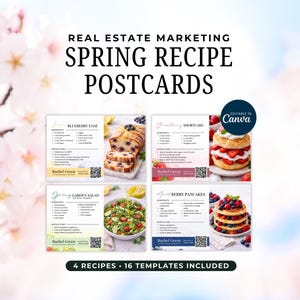 May include: A set of four recipe postcards with spring-themed recipes, including blueberry loaf, strawberry shortcake, garden salad, and mixed berry pancakes. The postcards are editable in Canva and include 16 templates.