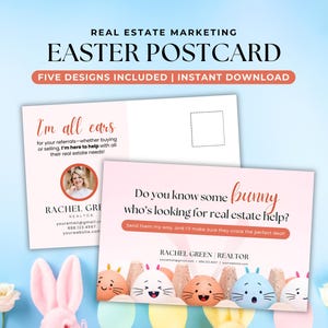 Bewerkbare Pasen onroerend goed ansichtkaart canvas sjabloon, lente verwijzingskaart, makelaar landbouw mailer, langskomen, april marketing download,
