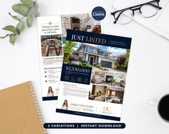 May include: Two real estate flyers with the text "Just Listed" and "I'll help you find your perfect place to call home." The flyers feature images of a house and interior shots. A laptop, glasses, a coffee cup, and a notepad are also visible.