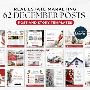 May include: A collection of 62 social media post and story templates for real estate agents. The templates feature a festive Christmas theme with red and green colors, snowflakes, and holiday greetings. The text "EDITABLE IN Canva" is displayed in the upper right corner.