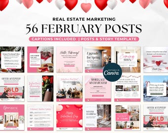 Modèles de produits immobiliers de février, articles immobiliers pour la Saint-Valentin, marketing immobilier de février, kit de modèles de réseaux sociaux pour agents immobiliers