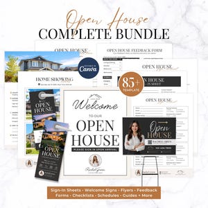 May include: A complete open house bundle with various templates, including sign-in sheets, welcome signs, and feedback forms. The design features a clean, modern aesthetic with a focus on real estate marketing materials.