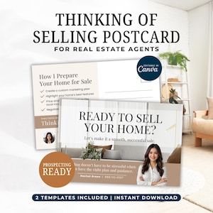 May include: Two postcards for real estate agents. One says "Thinking of Selling Postcard" and the other says "Ready to Sell Your Home?" Both include text and images of a woman. The postcards are editable in Canva.