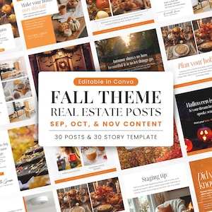 May include: A collection of orange and white social media posts with fall and Halloween themes. The posts include text like "Fall Theme Real Estate Posts" and "Halloween is coming!" The image is a template for real estate marketing.