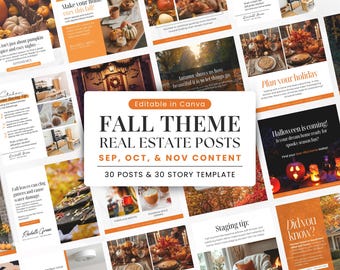 May include: A collection of orange and white social media posts with fall and Halloween themes. The posts include text like "Fall Theme Real Estate Posts" and "Halloween is coming!" The image is a template for real estate marketing.