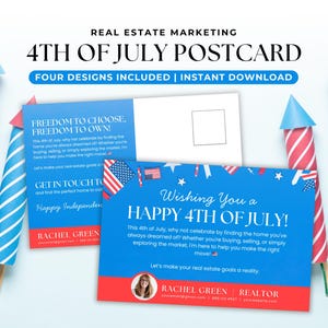 Modello di cartolina immobiliare per il 4 luglio su Canva, biglietto di auguri per l'agricoltura estiva con codice QR, mailing di marketing per agenti immobiliari e clienti passati,