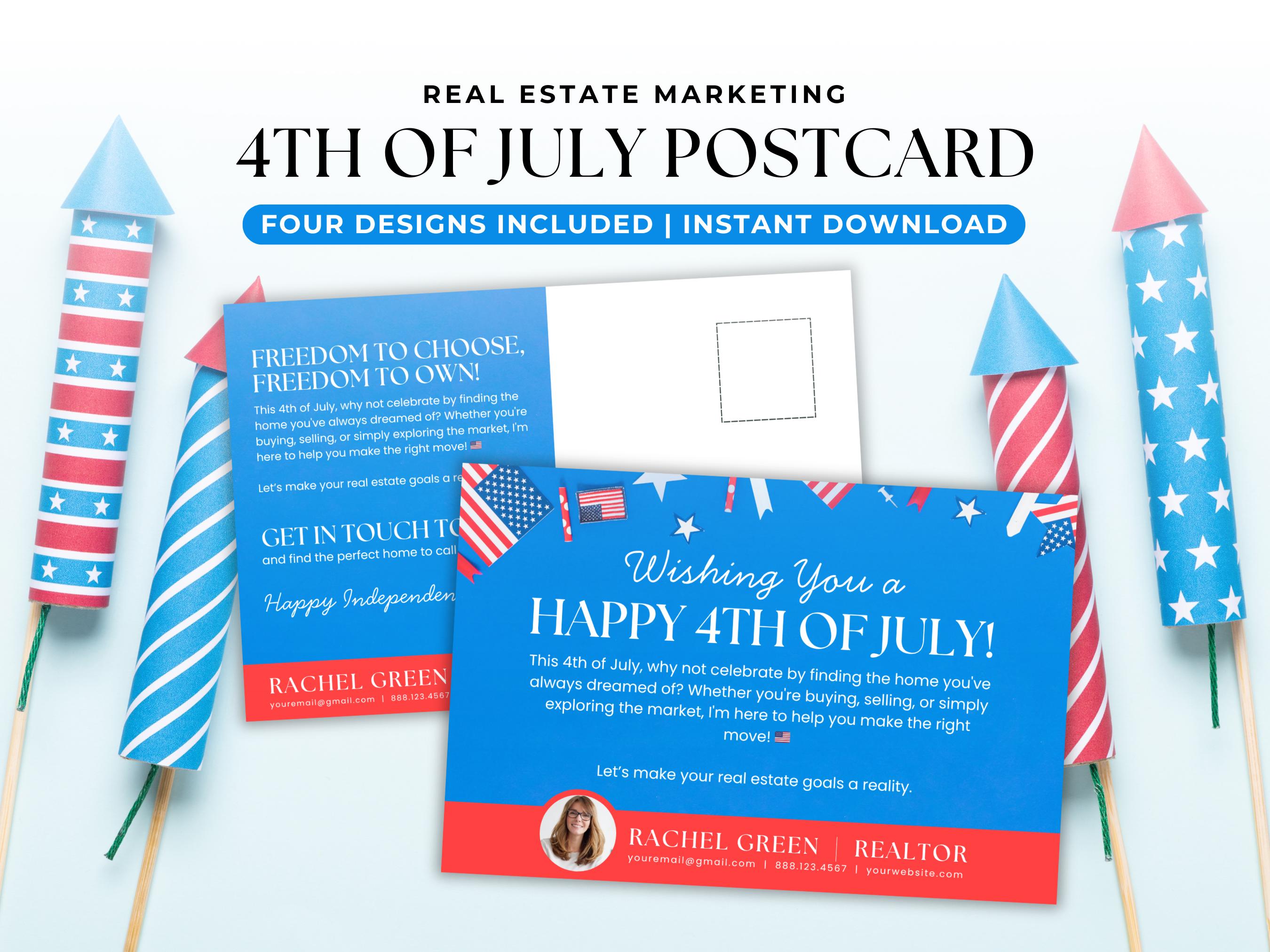 4th of July Real Estate Postcard Canva Template, Hello Summer Farming Card with QR Code, Marketing Mailer for Realtors and Past Clients,