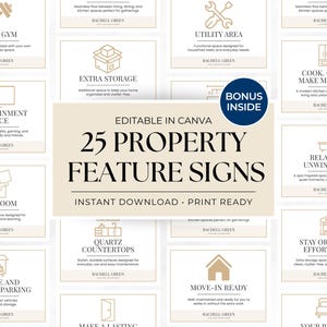 May include: A collection of 25 property feature signs, editable in Canva, with icons and text. The signs include "Home Gym," "Extra Storage," "Entertainment Space," and "Playroom." The signs are an instant download and print ready.