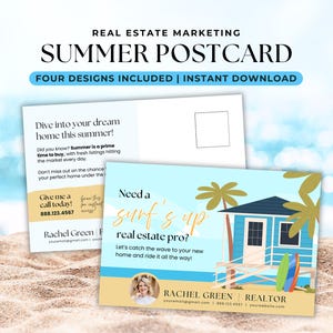 Modello di cartolina estiva immobiliare Canva, biglietto di auguri per l'estate con codice QR, mailing di marketing per agenti immobiliari e clienti passati