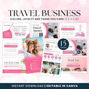 Editable Travel Business Card, Loyalty Card, Thank You Card and Social Media Layout with QR Code, Pink Canva Travel Agent Template Bundle