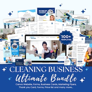 May include: A blue graphic with the text "CLEANING BUSINESS Ultimate Bundle" and "100+ TEMPLATES". The image includes mockups of cleaning service forms, business cards, and marketing flyers. The background is blue with white stars.