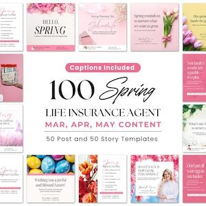 Puede incluir: Un collage de 10 imágenes con diseños de temática primaveral con flores rosas y amarillas, huevos y texto. El texto incluye "Hello, Spring", "Spring Planning Tip", "Spring Tip", "Spring", "Wishing you a joyful and blessed Easter!" y "What's your top goal this spring?" El collage también incluye el texto "100 Spring", "Life Insurance Agent", "Mar, Apr, May Content", "50 Post and 50 Story Templates".