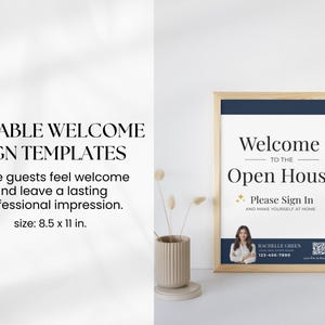 May include: An editable welcome sign template with the text "Welcome to the Open House" in a wooden frame. The sign is 8.5 x 11 inches and includes space for a name, phone number, and QR code.