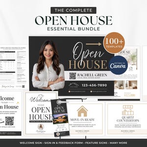 May include: A digital marketing bundle for real estate open houses featuring over 100 editable templates. The collection includes welcome signs, feedback forms, feature cards, and door hangers with black, white, and gold text and graphics.