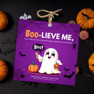 Halloween Realtor Pop By Tags, Printable Real Estate Halloween Gift Tags, Boo Pop By, Pumpkin Referrals, Realtor Marketing Templates, Canva