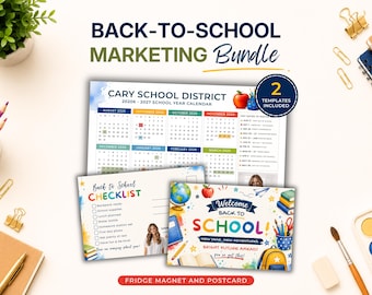 School Calendar Magnet Template Realtor Printable, Back to School Bundle, Canva 2026-2027 Mailer & Postcard, Editable Marketing Kit