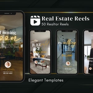 May include: Four phone screen mockups showcasing real estate marketing templates. The templates feature a gold and black color scheme with text that reads "Coming Soon", "Just Sold", "Preselling", and "Thinking About Investing in Property?"