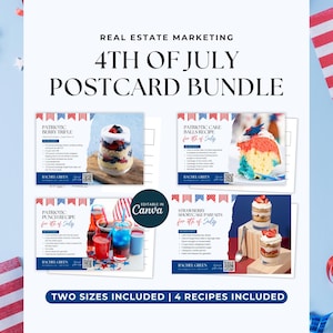 Cartão postal com receita para o 4 de julho, mala direta de marketing imobiliário, modelo editável para corretor de imóveis no Canva, ideia de cartão postal para agricultura de verão