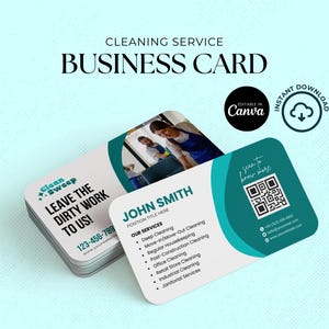Editable Cleaning Business Card Template, Professional Cleaning Service Design for Janitorial or Commercial Company, Teal Canva Layout