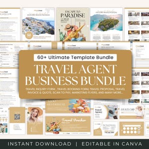 May include: A bundle of travel agent business templates, including forms, flyers, and vouchers. The design features a gold and white colour scheme with travel-themed imagery. Text includes "60+ Ultimate Template Bundle" and "Travel Agent Business Bundle."