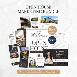 Op de afbeelding: Een Open Huis marketingbundel met diverse gedrukte sjablonen zoals welkomstborden, aanmeldformulieren, flyers en deurhangers. De collectie bevat teksten zoals Open House, Welcome to our Open House en 85+ Templates, Editable in Canva.