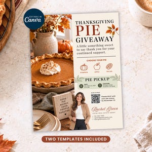 Puede incluir: Una plantilla de folleto para un sorteo de tartas de Acción de Gracias con una foto de una tarta de calabaza, una persona y texto que dice Thanksgiving Pie Giveaway, Choose Your Pie, Pie Pickup y datos de contacto de Rachel Green.