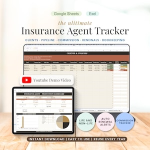 Insurance Agent Business Template Bundle, Google Sheets Excel Life Client Tracker Auto Sales CRM Commission Spreadsheet Leads Policy Planner