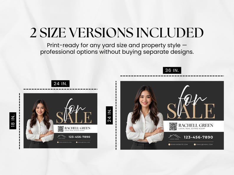 May include: Real estate yard sign design with a woman, the words "For Sale", and contact information. Includes two size versions: 24 in. x 18 in. and 36 in. x 24 in. The sign has a black background with white and gold text.