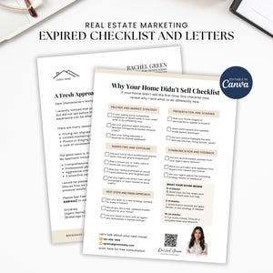 以下が含まれることがあります： 「Expired Checklist and Letters」と「Why Your Home Didn't Sell Checklist」を含むテキストが印刷された2つの白いドキュメント。ドキュメントは、背景にラップトップとメガネがある白い表面にあります。チェックリストには、価格設定、マーケティング、プレゼンテーションに関するセクションが含まれています。