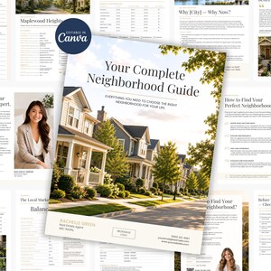 Peut inclure: Un modèle de guide de quartier numérique présentant une page de couverture avec une scène de rue suburbaine de maisons, d'arbres et le texte Your Complete Neighborhood Guide. La mise en page inclut des sections pour les profils d'experts.