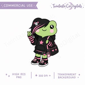 May include: A digital illustration of a green frog character in an emo style. The frog wears a black hoodie with a pink star, a black skirt, and black and pink sneakers. It carries a pink bag and gives a peace sign.