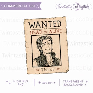 May include: A digital illustration of a tan, weathered wanted poster featuring a black ink sketch of a man with dark hair and a goatee. The text reads WANTED in large black letters, DEAD or ALIVE in red, and THIEF in black at the bottom.