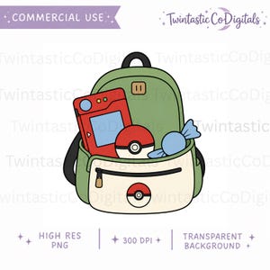 Puede incluir: Una mochila verde y crema con correas negras, que contiene un dispositivo de juego portátil rojo, un juguete esférico rojo y blanco, y un caramelo envuelto en azul claro. El bolsillo delantero presenta un pequeño icono esférico rojo y blanco.
