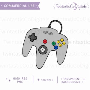 May include: A digital illustration of a gray Nintendo 64 video game controller featuring a black directional pad, a red start button, green B button, blue A button, four yellow C buttons, a central analog stick, and a black cord extending upward.