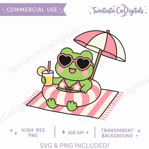 May include: A digital illustration of a green frog wearing heart-shaped sunglasses and a floral bikini top, sitting in a pink and white striped inner tube on a matching striped beach towel under a pink and white beach umbrella, holding a drink.