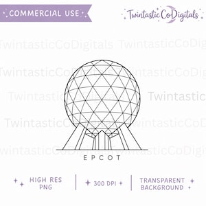 May include: A black and white line art illustration of a geodesic sphere structure supported by three wide pillars. The word EPCOT is printed in black capital letters centered below the structure. The design features a geometric triangular grid.