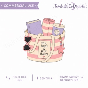 Op de afbeelding: Digitale illustratie van een strandtas met zomerse items. De roze en wit gestreepte tas heeft een label met de tekst "tan lines & plot twists". De tas bevat een boek, een opgerolde handdoek, een drankje en hartvormige zonnebrillen.