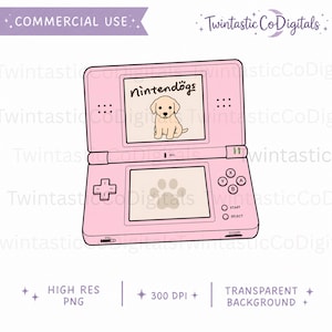 May include: A pink handheld gaming console illustration featuring a top screen displaying a cartoon puppy and the text nintendogs, and a bottom screen with a paw print icon. The device includes a directional pad, four buttons, and start/select labels.