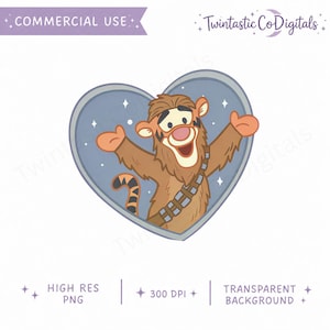 Könnte beinhalten: Eine digitale Grafik eines Zeichentrickcharakters, eine Mischung aus Tigger und Chewbacca, in einer blauen Herzform. Die Figur hat orangefarbene Arme und einen braunen Körper, mit einem Bandelier und einem gestreiften Schwanz. Das Herz ist von einem hellblauen Rand mit Sternen umgeben.