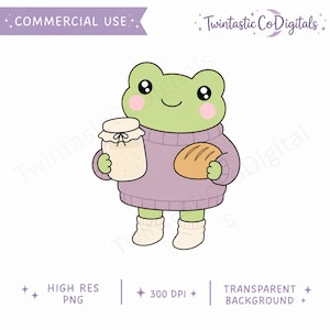 May include: A digital illustration of a cute green frog wearing a purple sweater and holding a jar and a loaf of bread. The frog has rosy cheeks and is wearing white socks. Text on the image includes "COMMERCIAL USE" and "Twintastic Co Digitals."