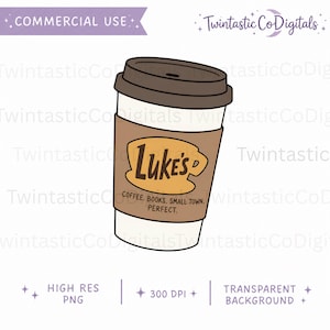 May include: A digital illustration of a white disposable coffee cup with a dark brown lid and a tan cardboard sleeve. The sleeve features a yellow coffee mug graphic with the text Luke's and the words Coffee. Books. Small Town. Perfect.