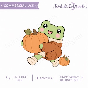 May include: A cartoon frog in a brown jacket and sweater carries a large orange pumpkin, with a smaller pumpkin nearby. The image includes text that reads "COMMERCIAL USE", "HIGH RES PNG", "300 DPI", and "TRANSPARENT BACKGROUND".