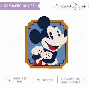 May include: Digital illustration of Mickey Mouse in a blue and gold frame. Mickey Mouse is smiling with his arms crossed. The image includes the text "COMMERCIAL USE", "HIGH RES PNG", "300 DPI", and "TRANSPARENT BACKGROUND".