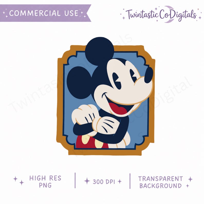 May include: Digital illustration of Mickey Mouse in a blue and gold frame. Mickey Mouse is smiling with his arms crossed. The image includes the text "COMMERCIAL USE", "HIGH RES PNG", "300 DPI", and "TRANSPARENT BACKGROUND".