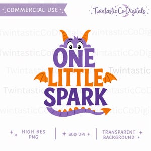 May include: A digital graphic design featuring a purple cartoon dragon head with orange horns and wings. The text reads ONE LITTLE SPARK in bold purple and orange letters. A purple dragon tail with orange spikes curves underneath the text.