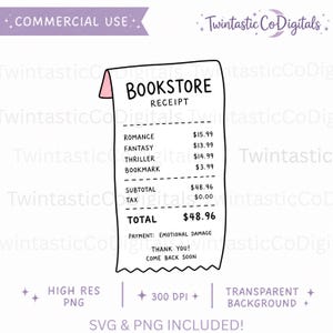 Op de afbeelding: Een digitale illustratie van een witte boekwinkelbon met zwarte tekst. De bon bevat items zoals Romance, Fantasy, Thriller en een boekenlegger, met een totaalbedrag van $48,96. De betaalmethode staat vermeld als Emotional Damage.
