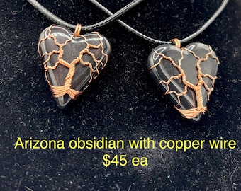Handmade Arizona Obsidian Heart Pendant: Copper Tree of Life