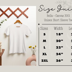 Bella 3001 Size Chart, Bella and Canvas Size Guide, Tshirt Size Chart, Size Guide for Mockups